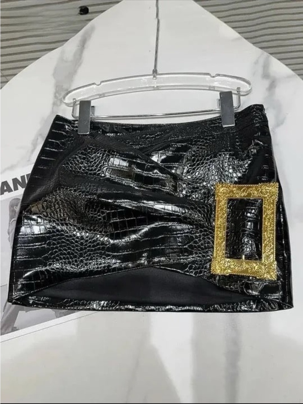 Black Faux Croc Mini Skirt with Gold Buckle